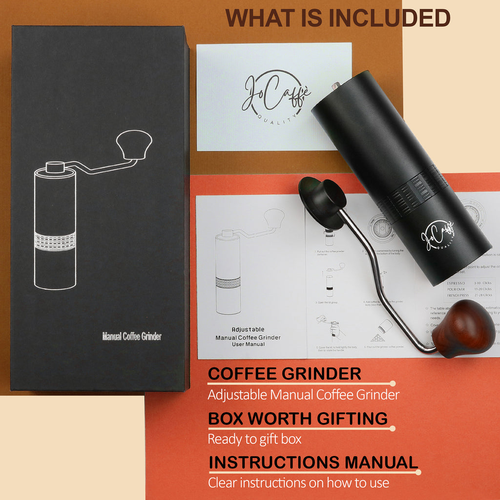 JoCaffè Manual Coffee Grinder, Stainless Steel Conical Burr, Portable, Adjustable