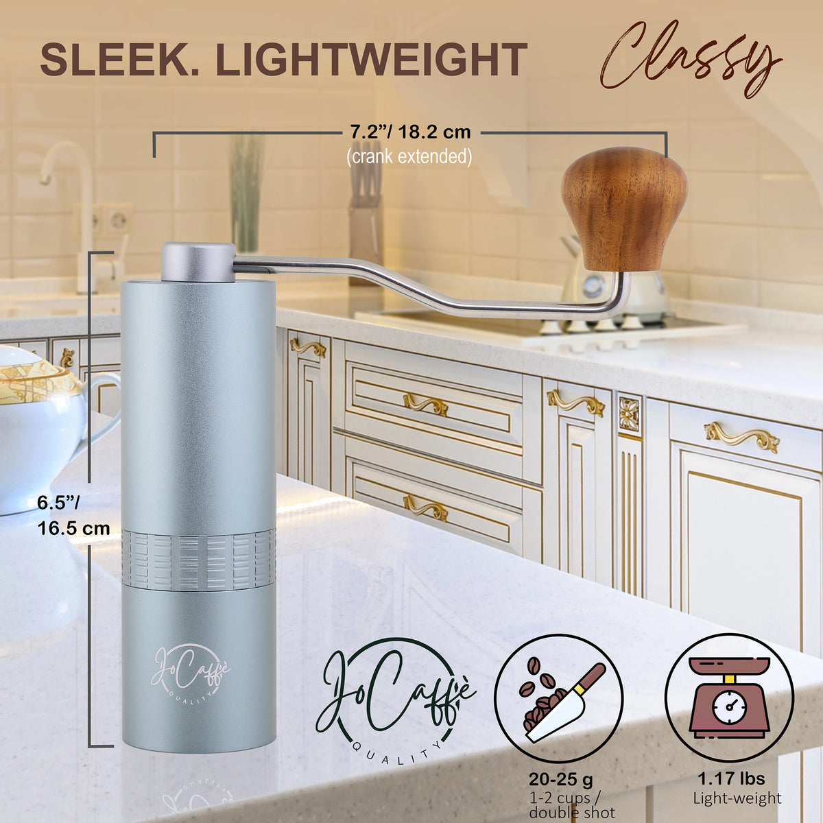 JoCaffè Manual Coffee Grinder, Stainless Steel Conical Burr, Portable, Adjustable
