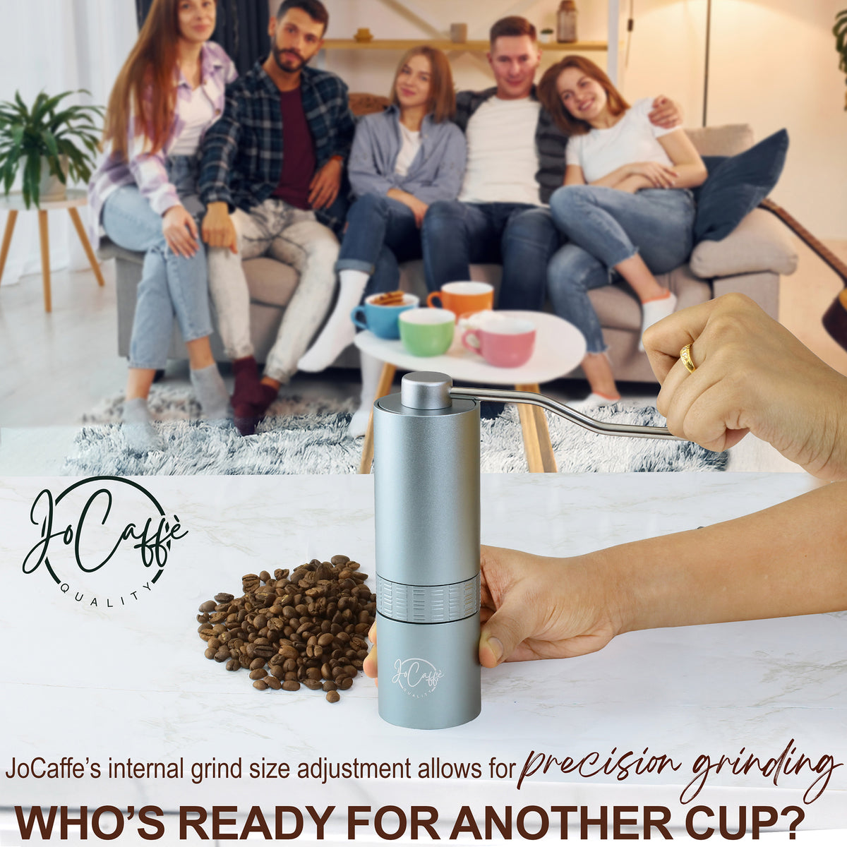 JoCaffè Manual Coffee Grinder, Stainless Steel Conical Burr, Portable, Adjustable