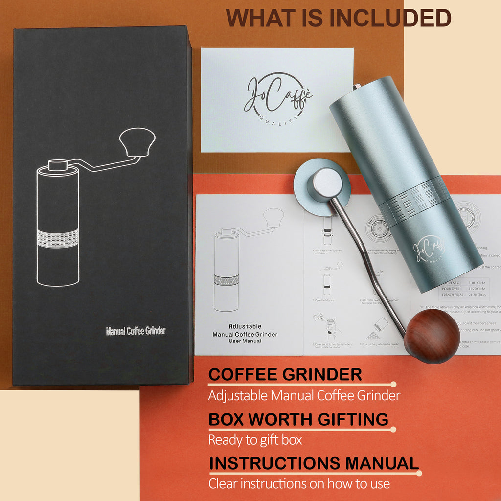JoCaffè Manual Coffee Grinder, Stainless Steel Conical Burr, Portable, Adjustable